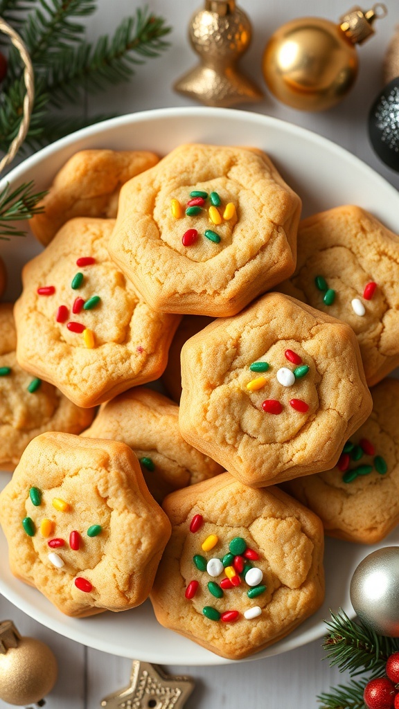 Festive Christmas Cookie Recipe A festive plate of Christmas cookies with sprinkles, surrounded by holiday decorations.